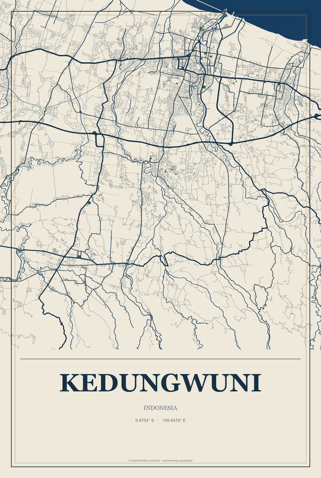 Kedungwuni, Indonesia City Map Aluminum Sign in Coastal Cutout style
