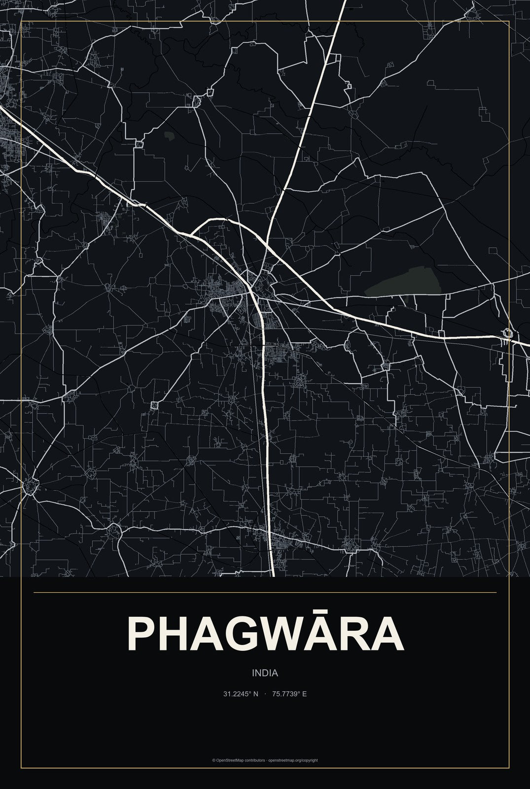 Phagwāra, India City Map Aluminum Sign in Metropolitan Noir style