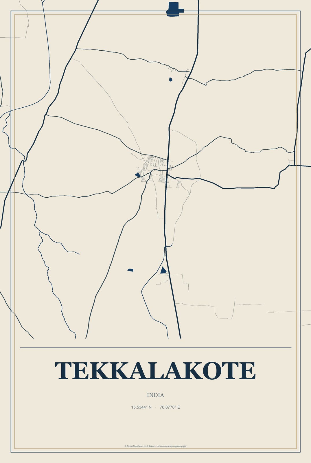 Tekkalakote, India City Map Aluminum Sign in Coastal Cutout style
