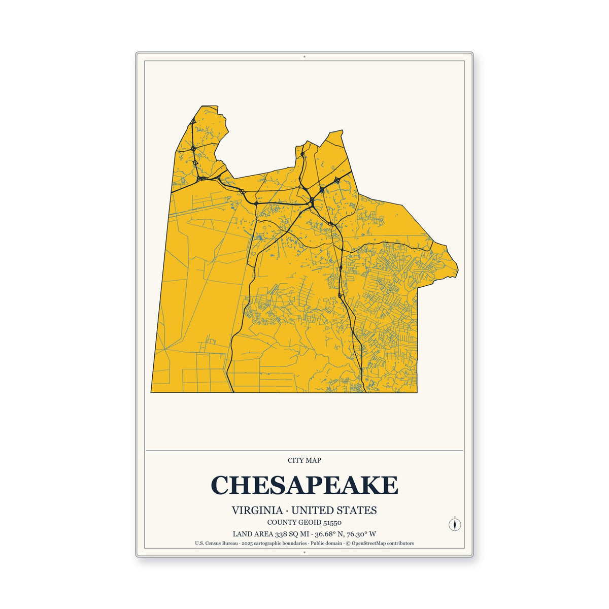 Chesapeake city, Virginia Map Aluminum Sign in Citrine Modern style