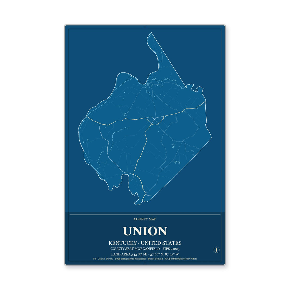 Union County, Kentucky Map Aluminum Sign in Harbor Cobalt style