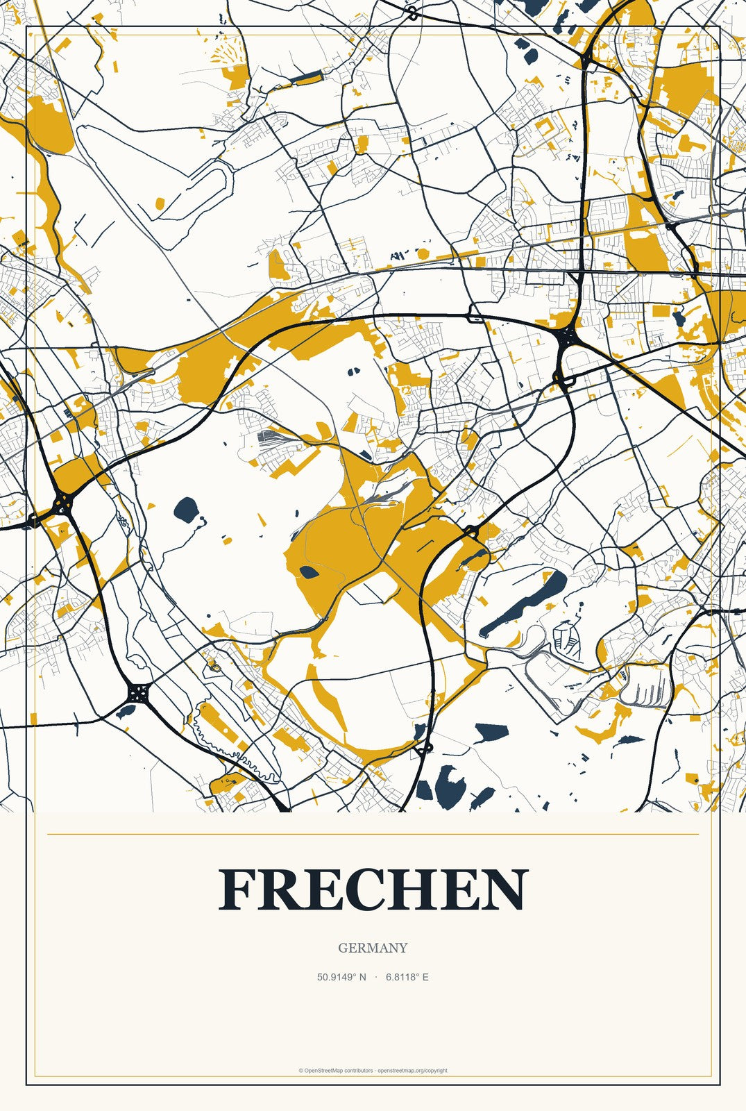 Frechen, Germany City Map Aluminum Sign in Citrine Modern style