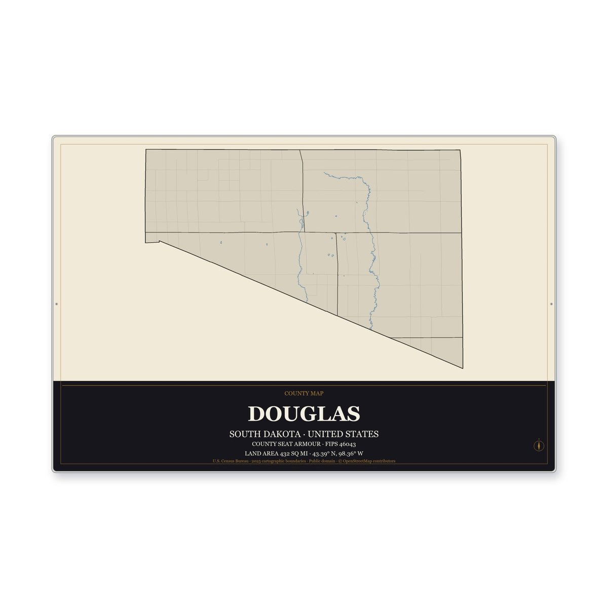 Douglas County, South Dakota Map Aluminum Sign in Museum Plaque style