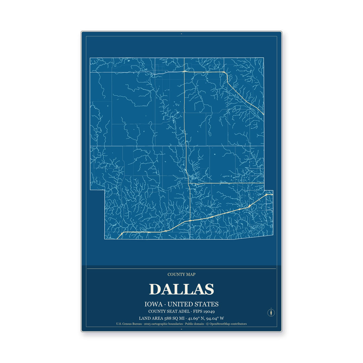 Dallas County, Iowa Map Aluminum Sign in Harbor Cobalt style