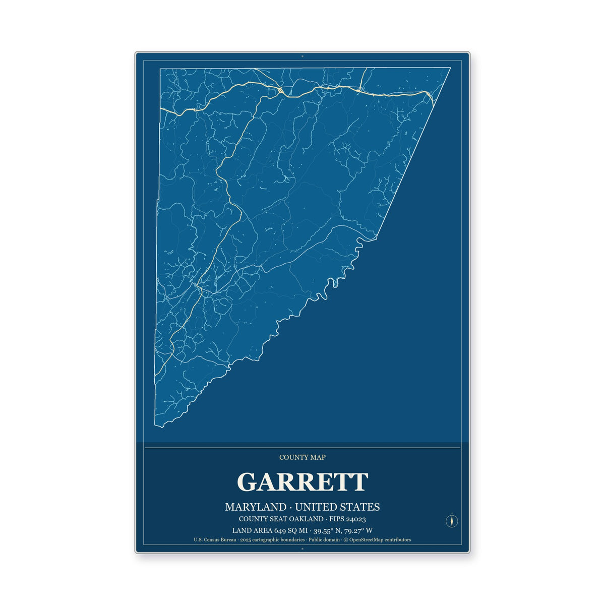 Garrett County, Maryland Map Aluminum Sign in Harbor Cobalt style