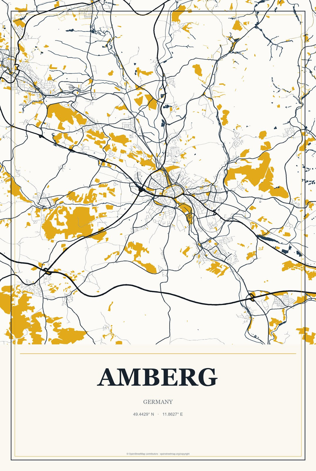Amberg, Germany City Map Aluminum Sign in Citrine Modern style