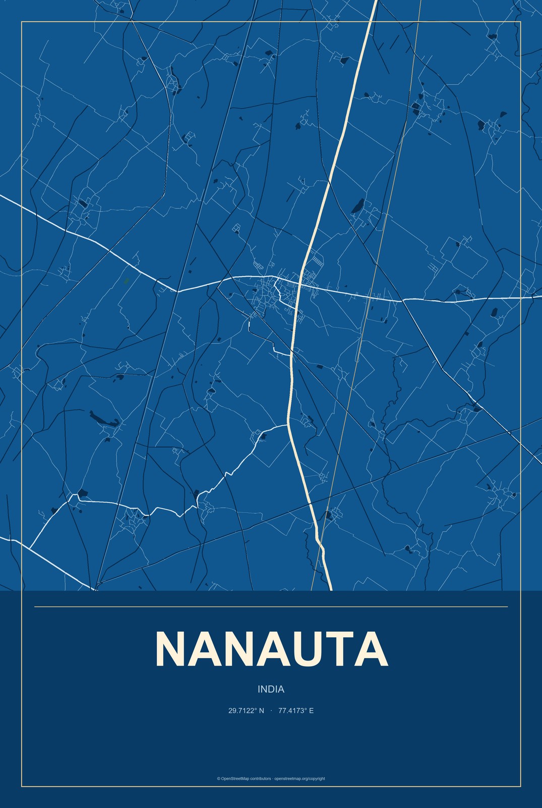 Nanauta, India City Map Aluminum Sign in Harbor Cobalt style