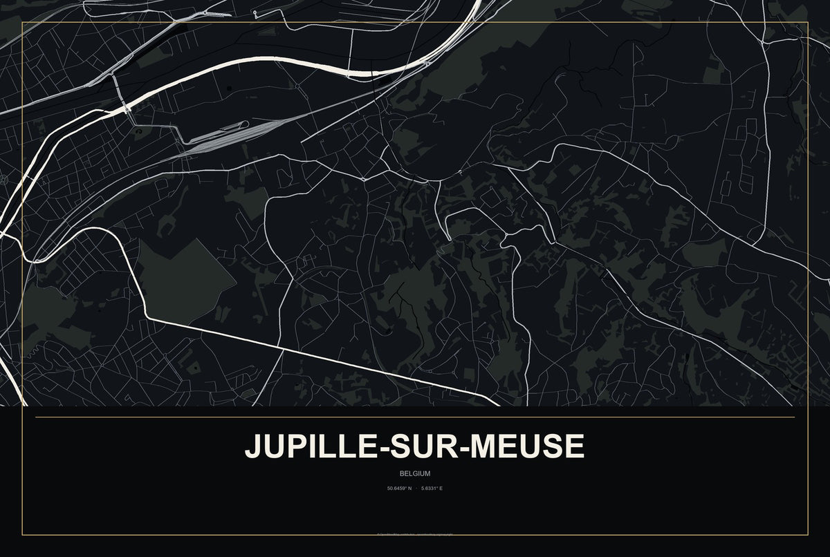 Jupille-sur-Meuse, Belgium City Map Aluminum Sign in Metropolitan Noir style