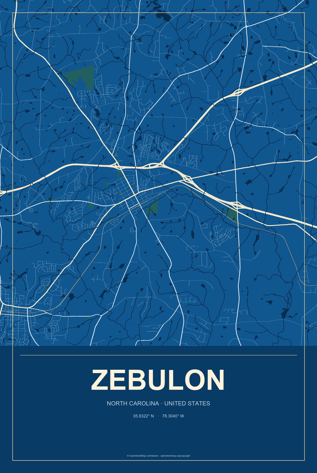 Zebulon, North Carolina City Map Aluminum Sign in Harbor Cobalt style