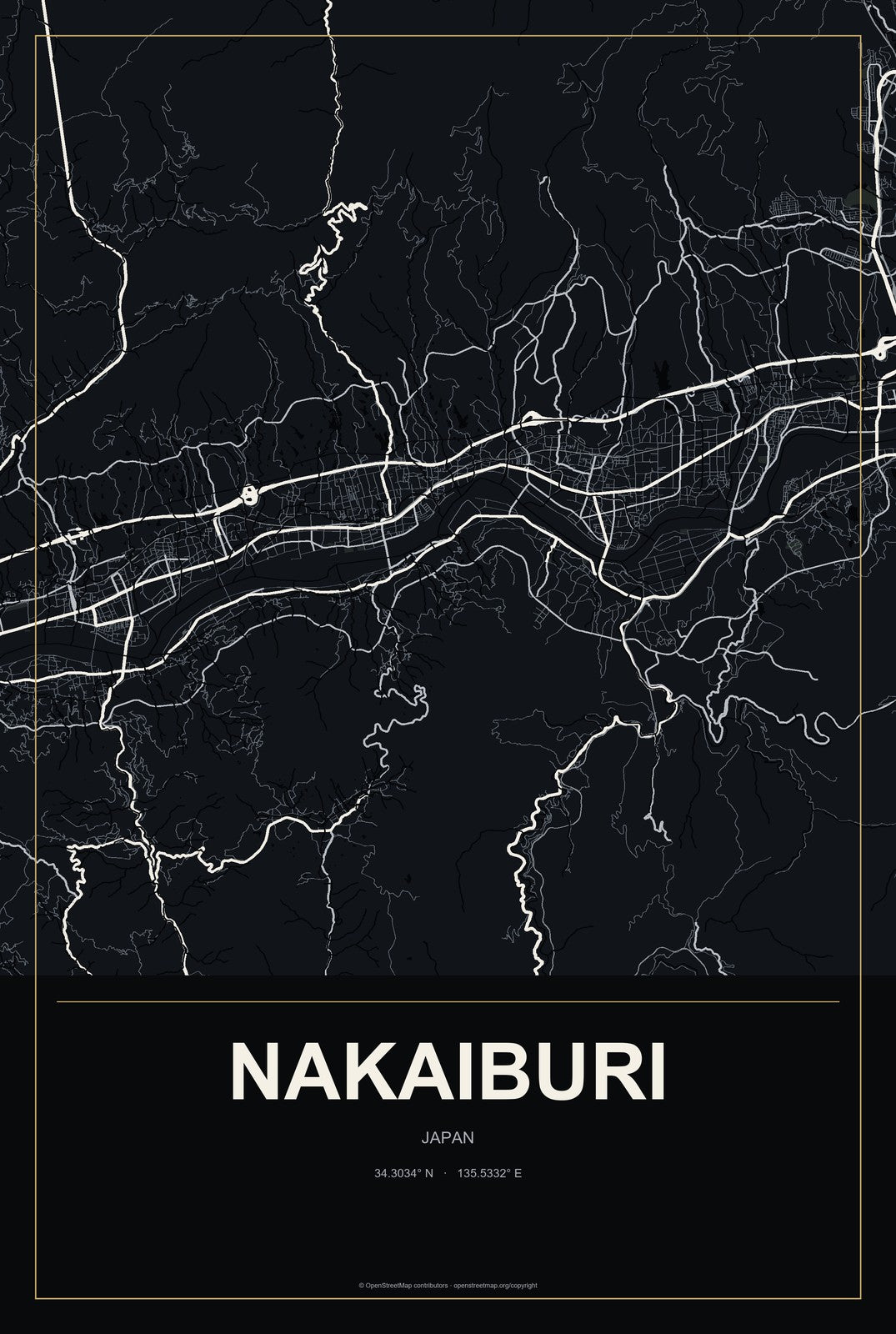 Nakaiburi, Japan City Map Aluminum Sign in Metropolitan Noir style