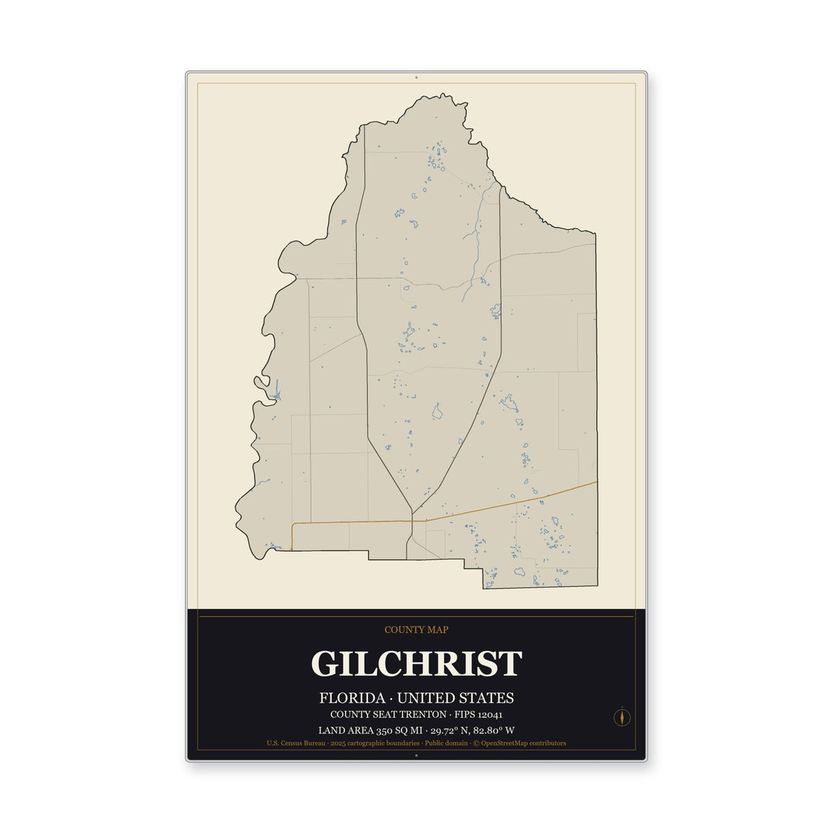 Gilchrist County, Florida Map Aluminum Sign in Museum Plaque style