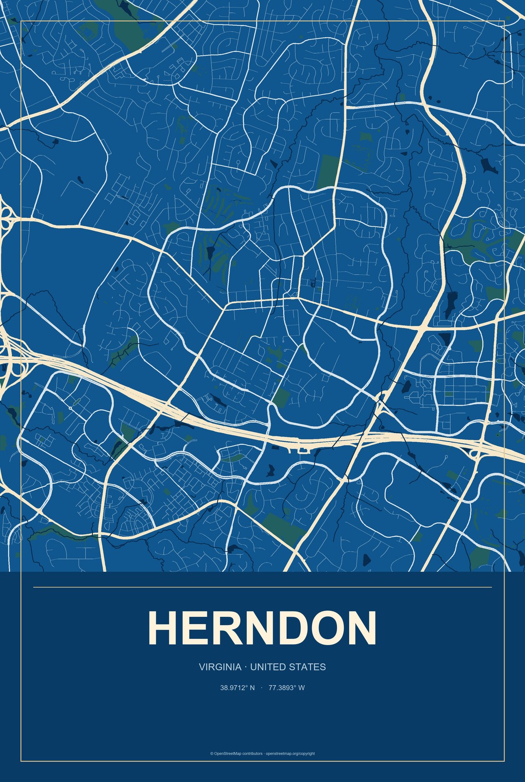 Herndon, Virginia City Map Aluminum Sign in Harbor Cobalt style