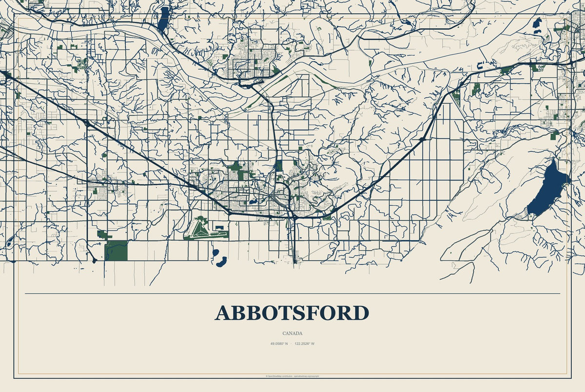 Abbotsford, Canada City Map Aluminum Sign in Coastal Cutout style