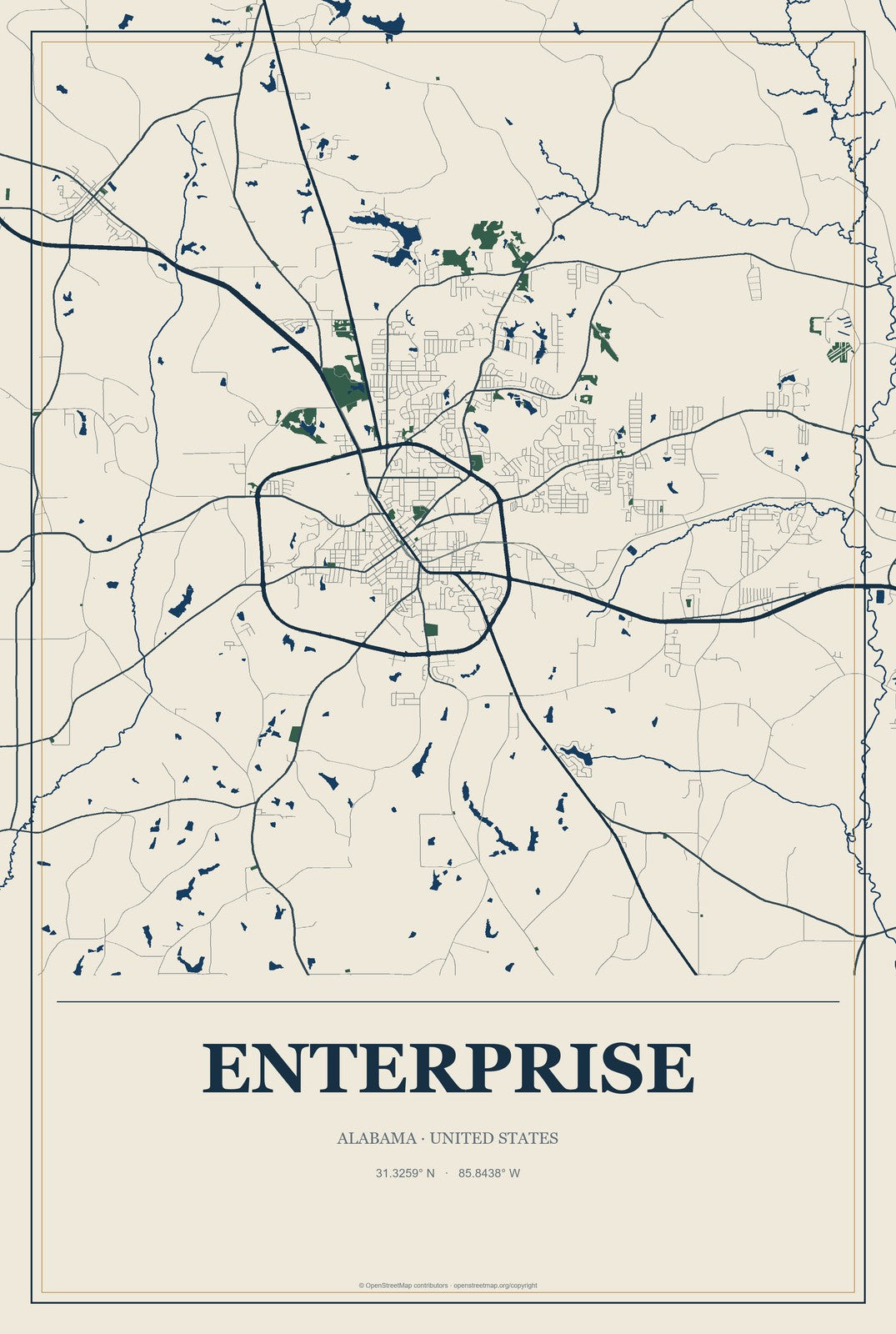Enterprise, Alabama City Map Aluminum Sign in Coastal Cutout style