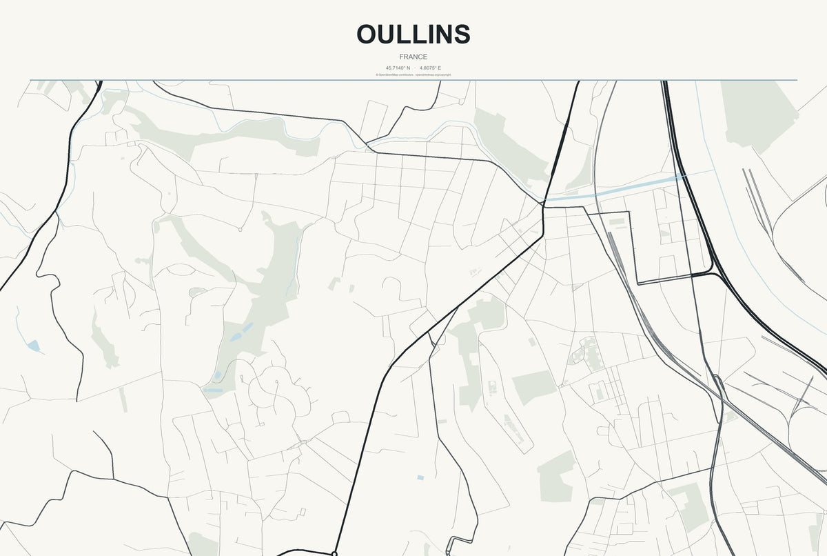 Oullins, France City Map Aluminum Sign in Headline Atlas style
