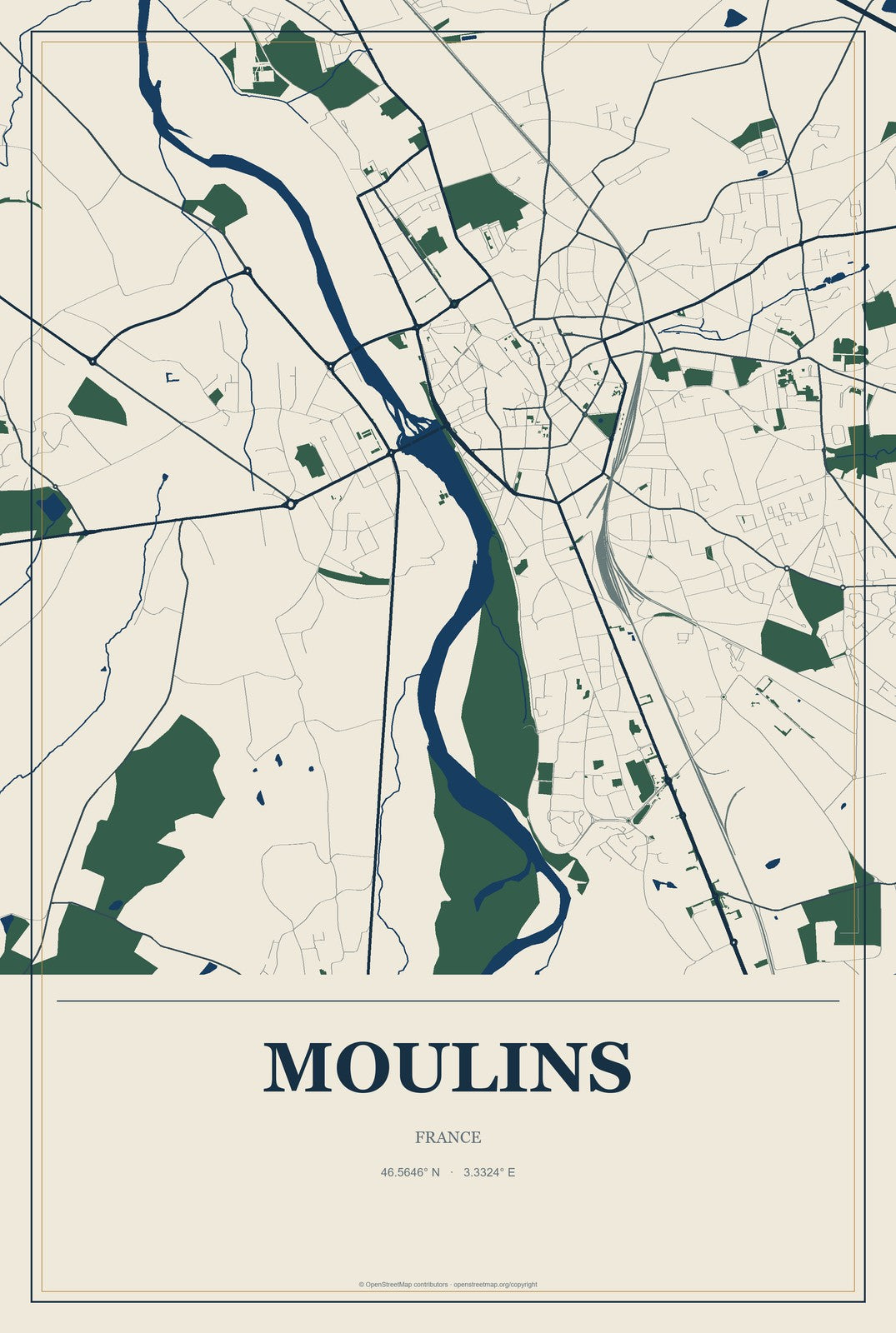 Moulins, France City Map Aluminum Sign in Coastal Cutout style