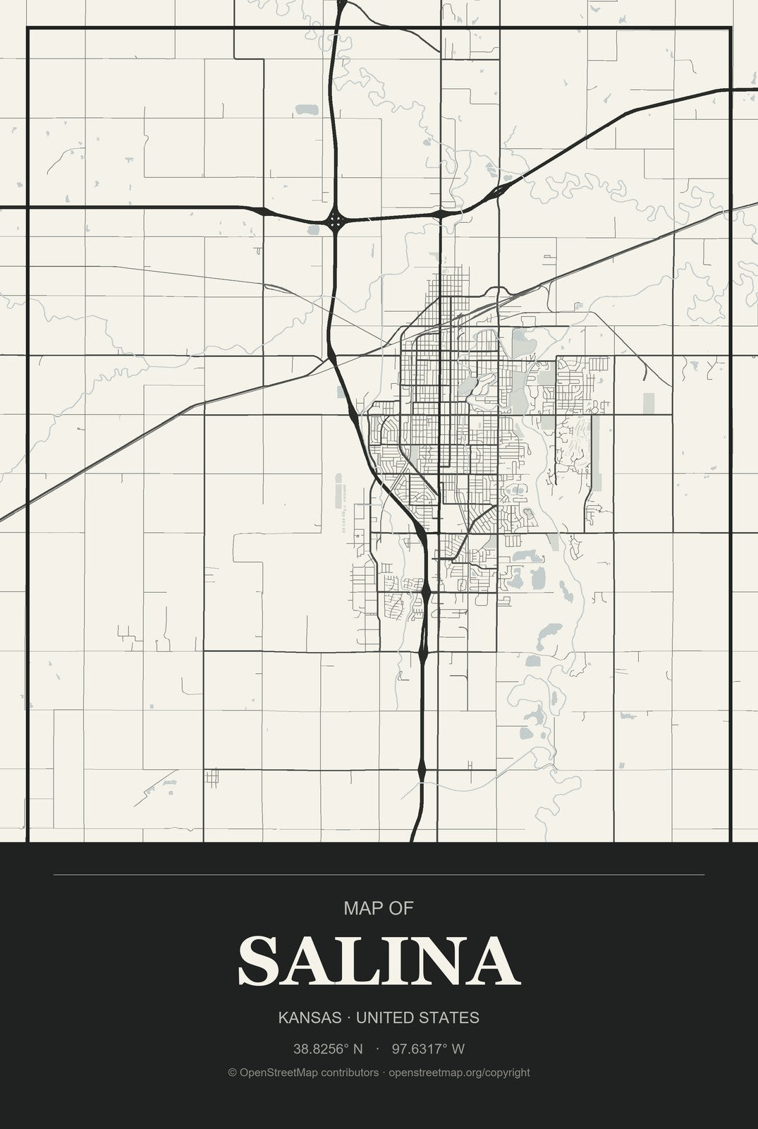 Salina, Kansas City Map Aluminum Sign in Museum Plaque style