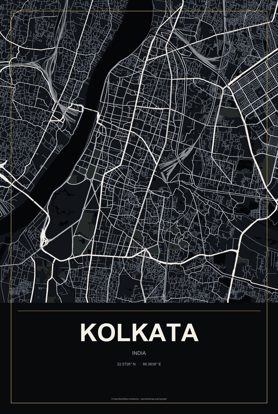 Kolkata, India City Map Aluminum Sign in Metropolitan Noir style