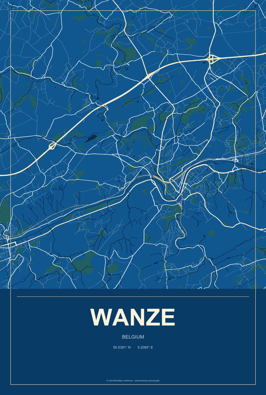 Wanze, Belgium City Map Aluminum Sign in Harbor Cobalt style
