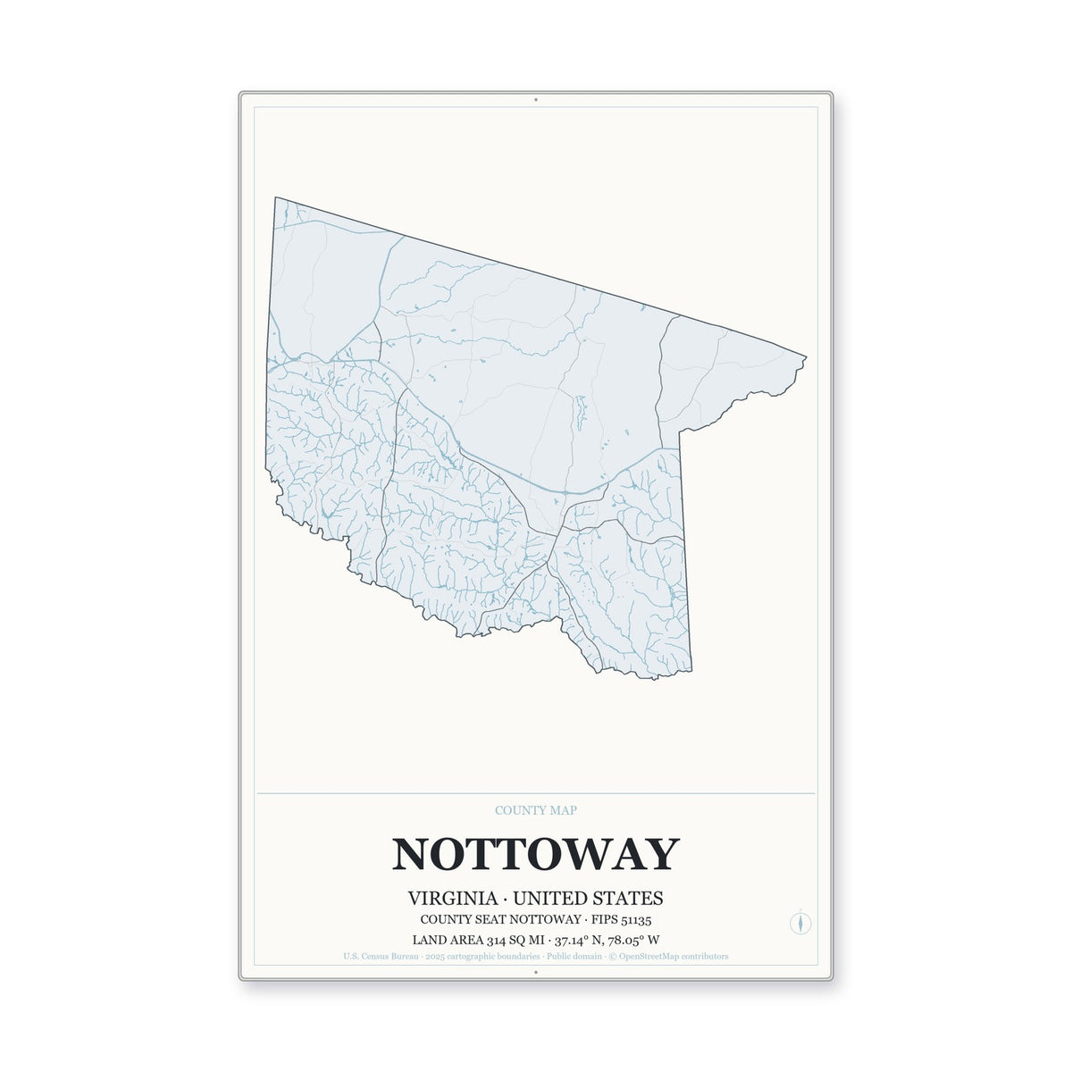 Nottoway County, Virginia Map Aluminum Sign in Gallery Air style