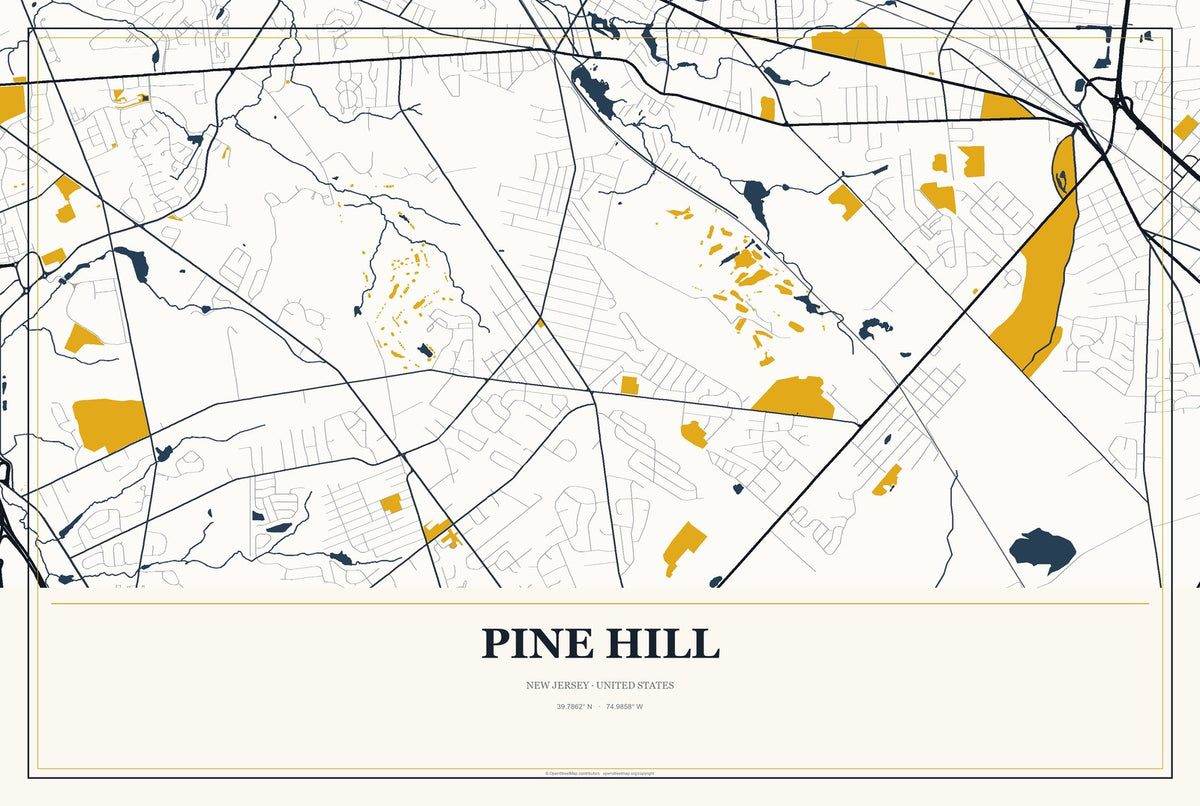 Pine Hill, New Jersey City Map Aluminum Sign in Citrine Modern style