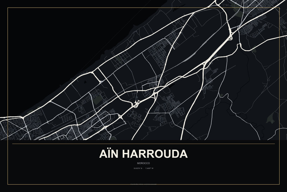 Aïn Harrouda, Morocco City Map Aluminum Sign in Metropolitan Noir style
