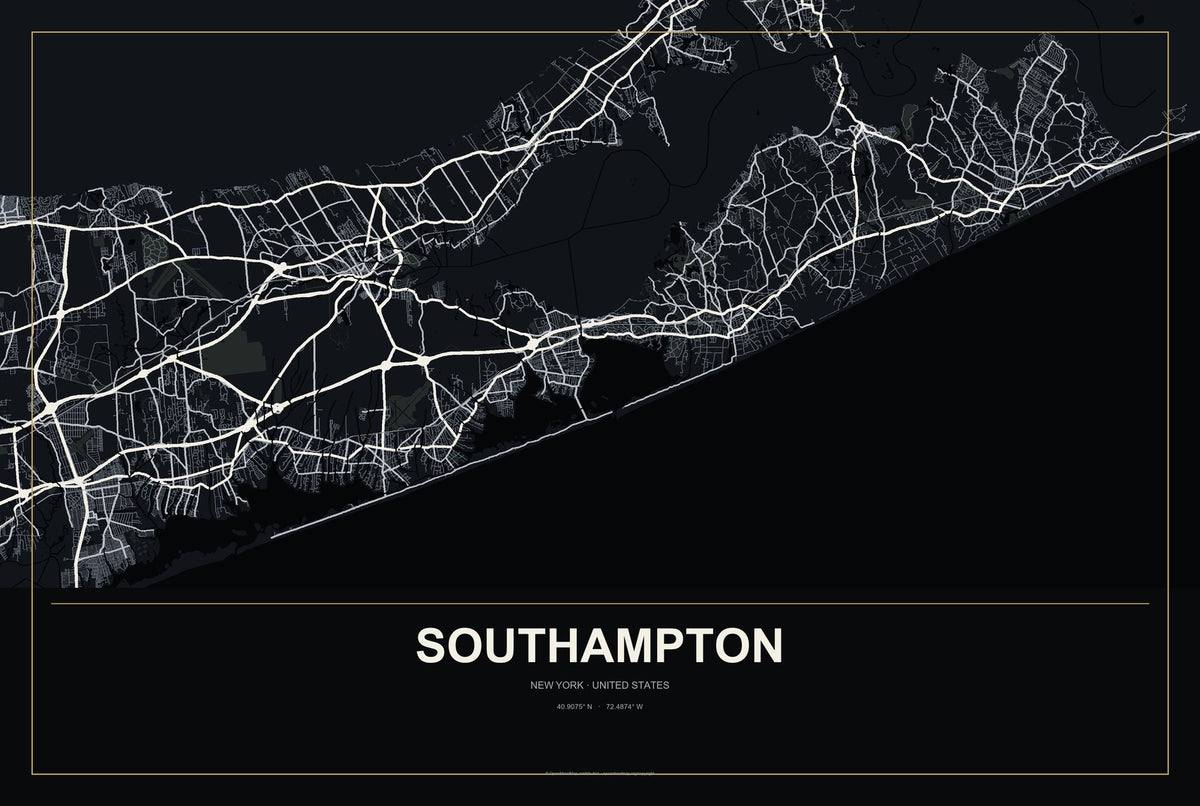 Southampton, New York City Map Aluminum Sign in Metropolitan Noir style