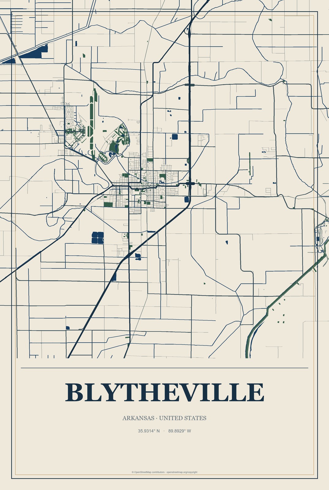 Blytheville, Arkansas City Map Aluminum Sign in Coastal Cutout style