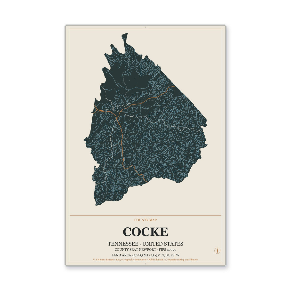 Cocke County, Tennessee Map Aluminum Sign in Headline Atlas style
