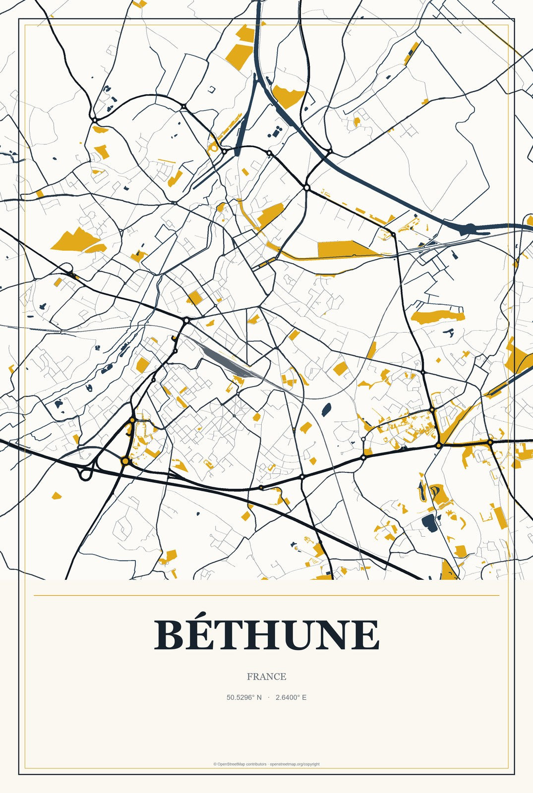 Béthune, France City Map Aluminum Sign in Citrine Modern style
