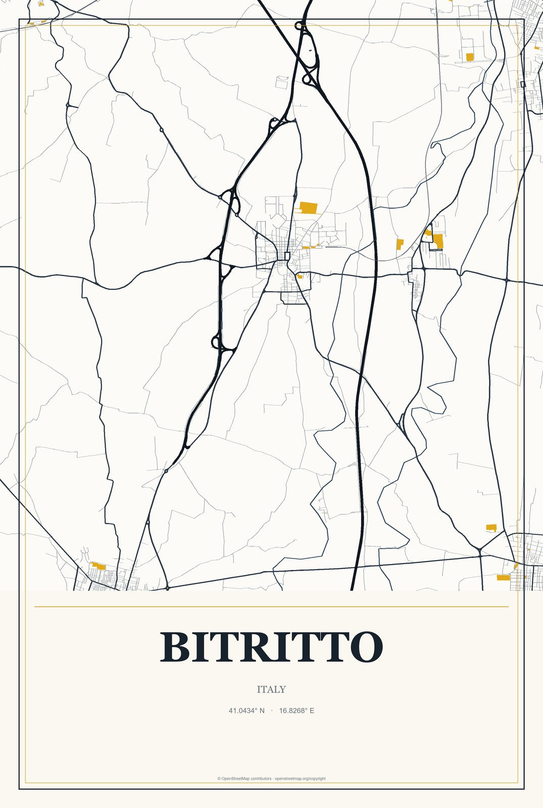 Bitritto, Italy City Map Aluminum Sign in Citrine Modern style