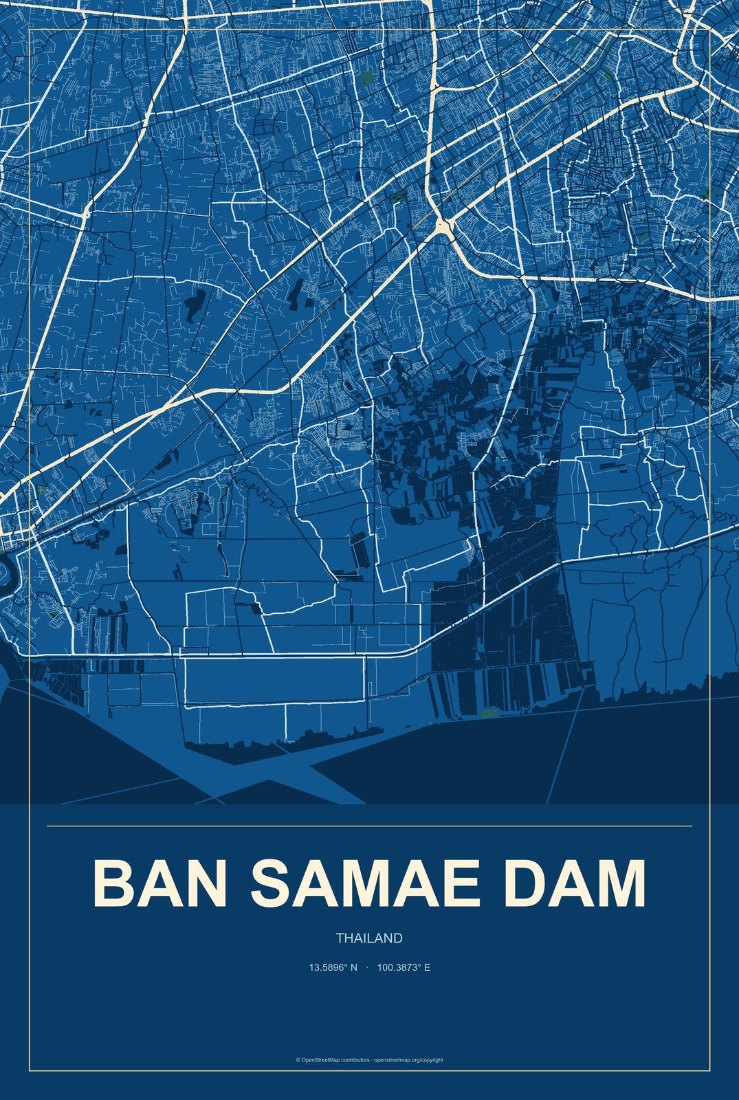 Ban Samae Dam, Thailand City Map Aluminum Sign in Harbor Cobalt style