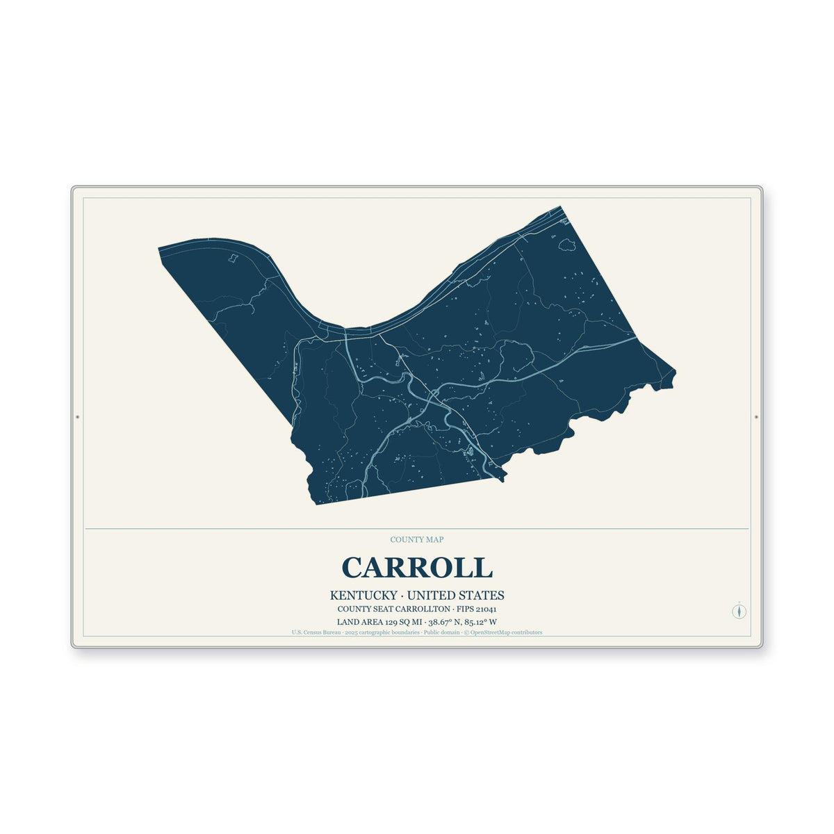 Carroll County, Kentucky Map Aluminum Sign in Coastal Cutout style