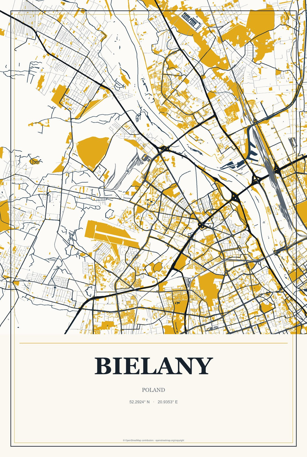 Bielany, Poland City Map Aluminum Sign in Citrine Modern style