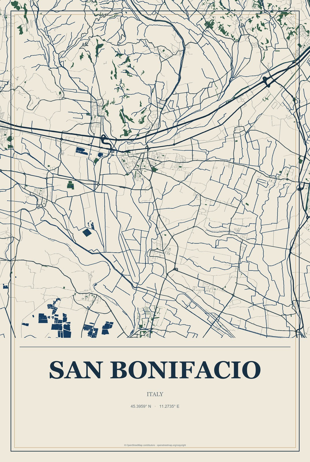 San Bonifacio, Italy City Map Aluminum Sign in Coastal Cutout style