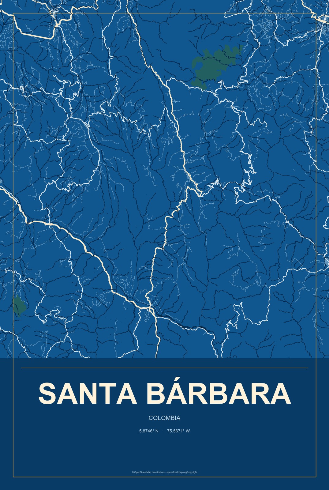 Santa Bárbara, Colombia City Map Aluminum Sign in Harbor Cobalt style
