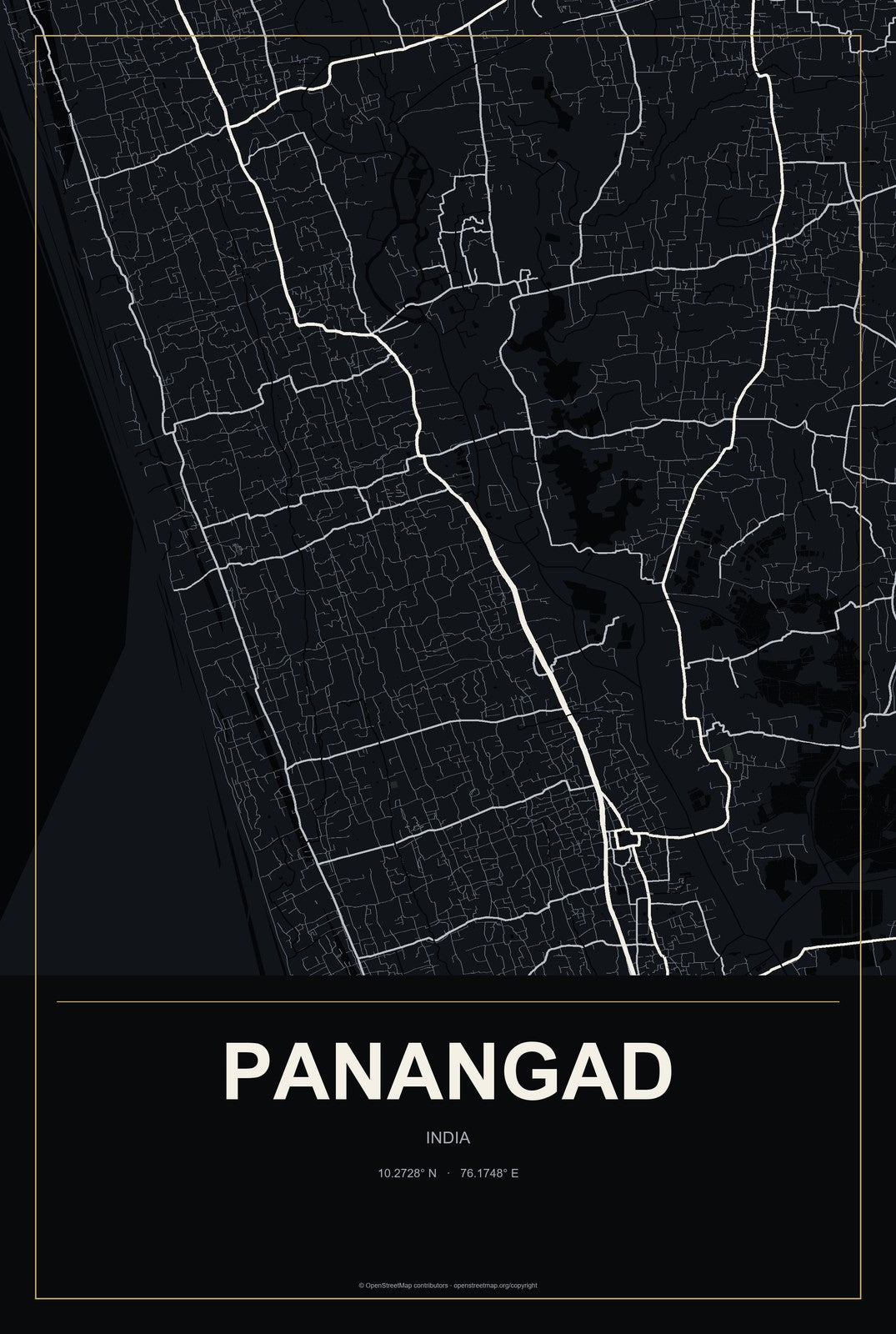 Panangad, India City Map Aluminum Sign in Metropolitan Noir style