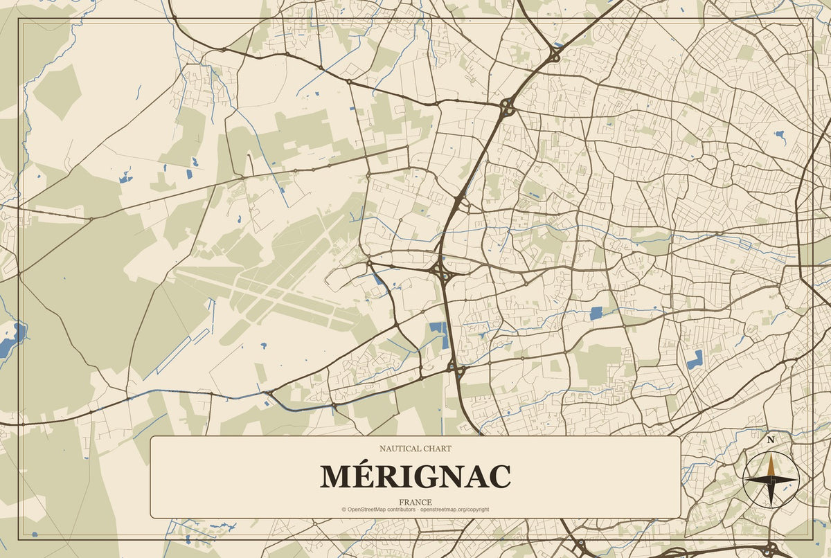 Mérignac, France City Map Aluminum Sign in Heritage Nautical style