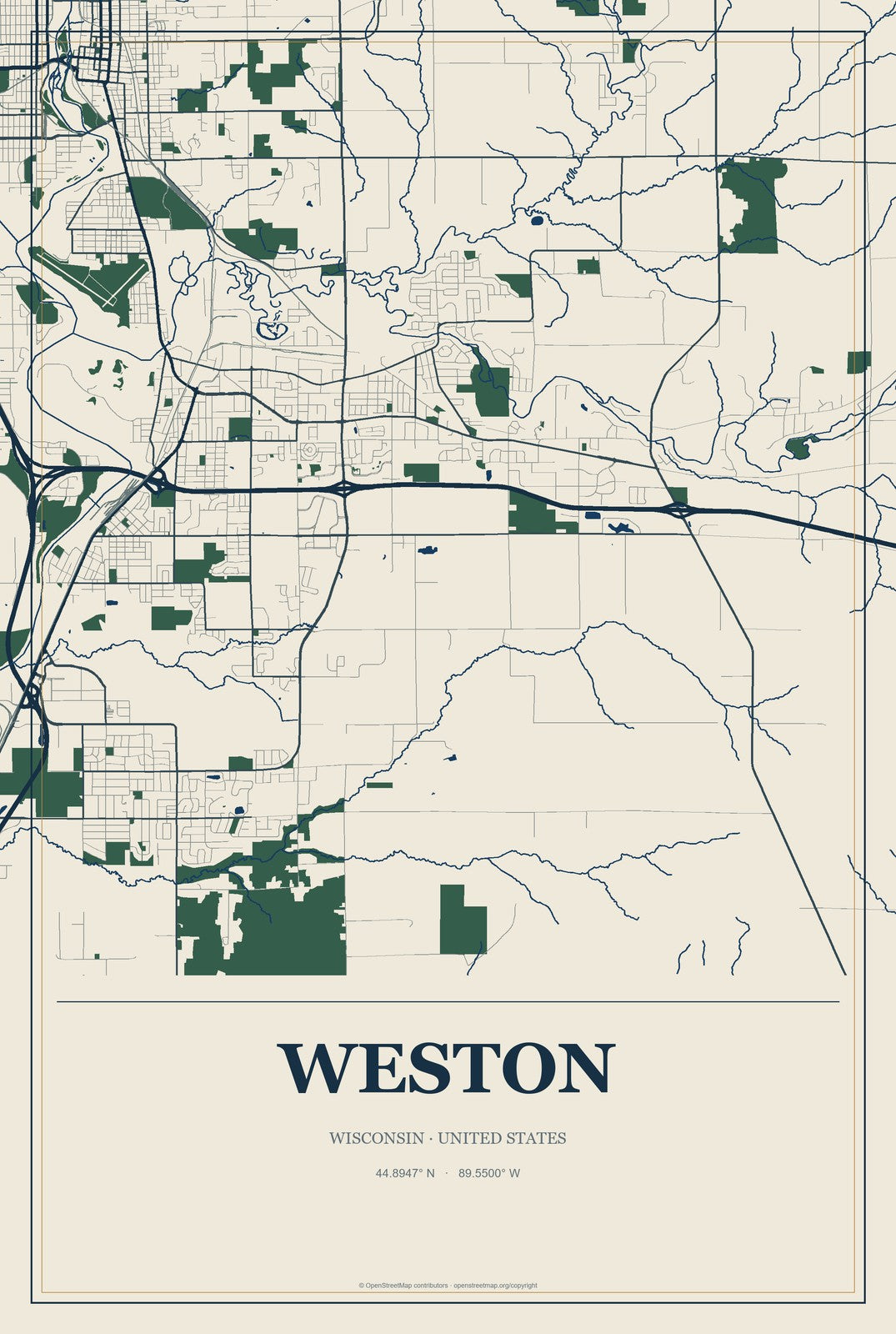 Weston, Wisconsin City Map Aluminum Sign in Coastal Cutout style