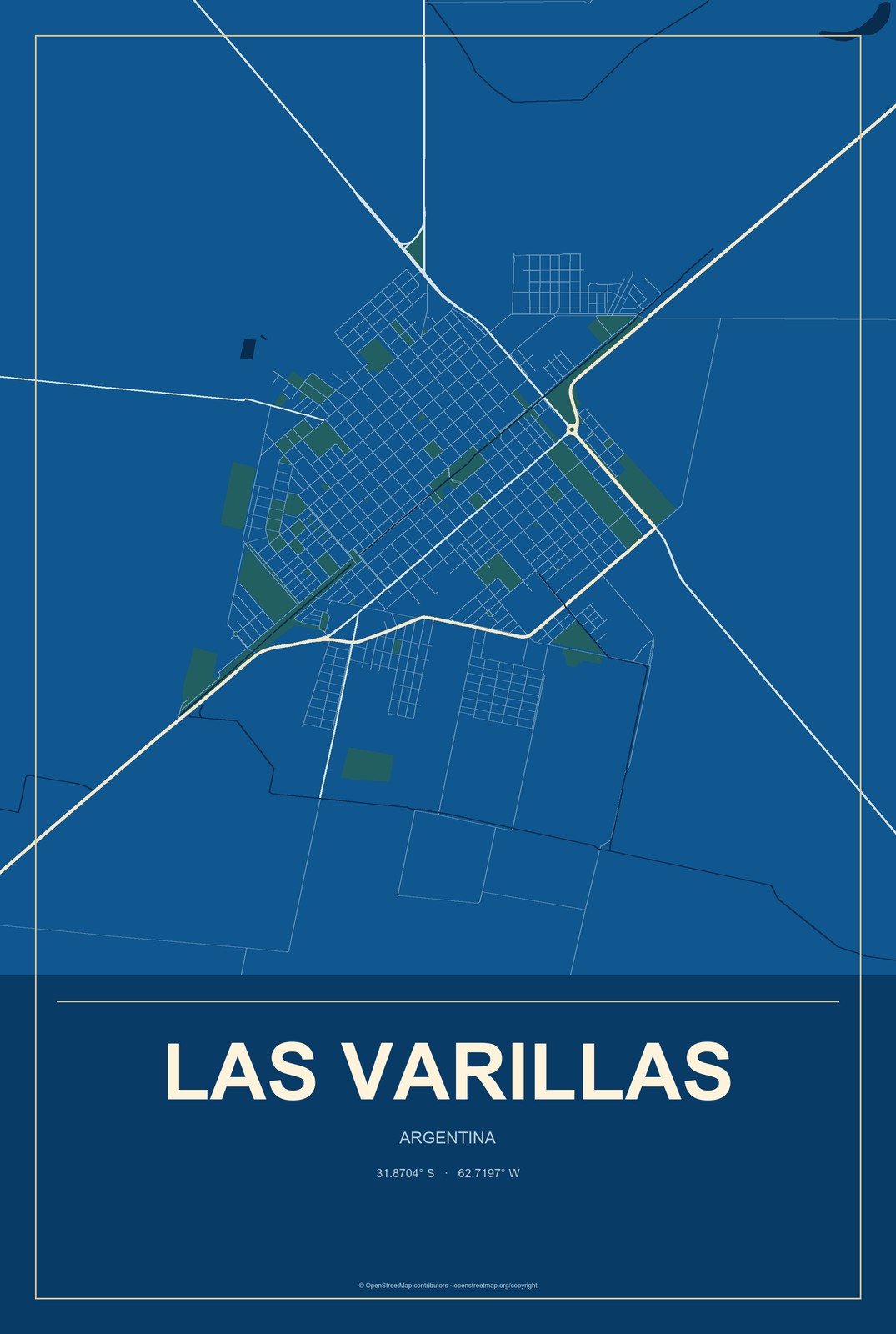 Las Varillas, Argentina City Map Aluminum Sign in Harbor Cobalt style