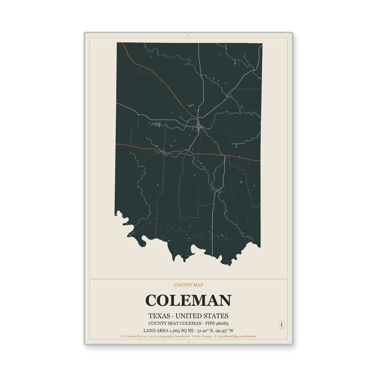 Coleman County, Texas Map Aluminum Sign in Headline Atlas style