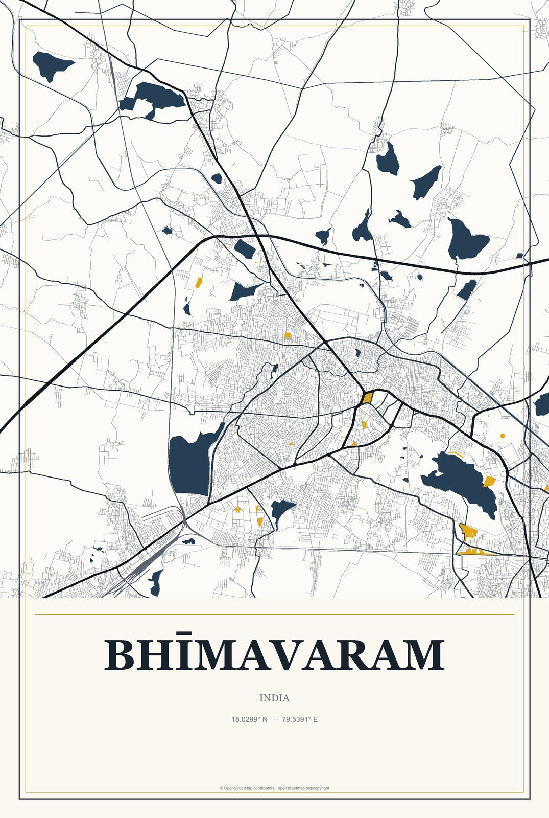 Bhīmavaram, India City Map Aluminum Sign in Citrine Modern style