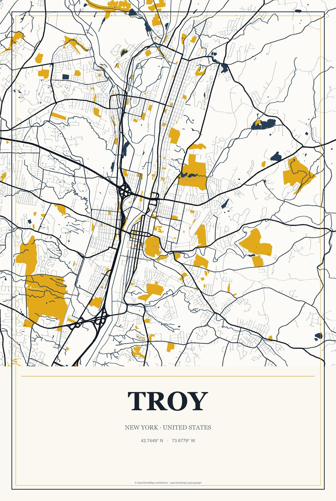 Troy, New York City Map Aluminum Sign in Citrine Modern style