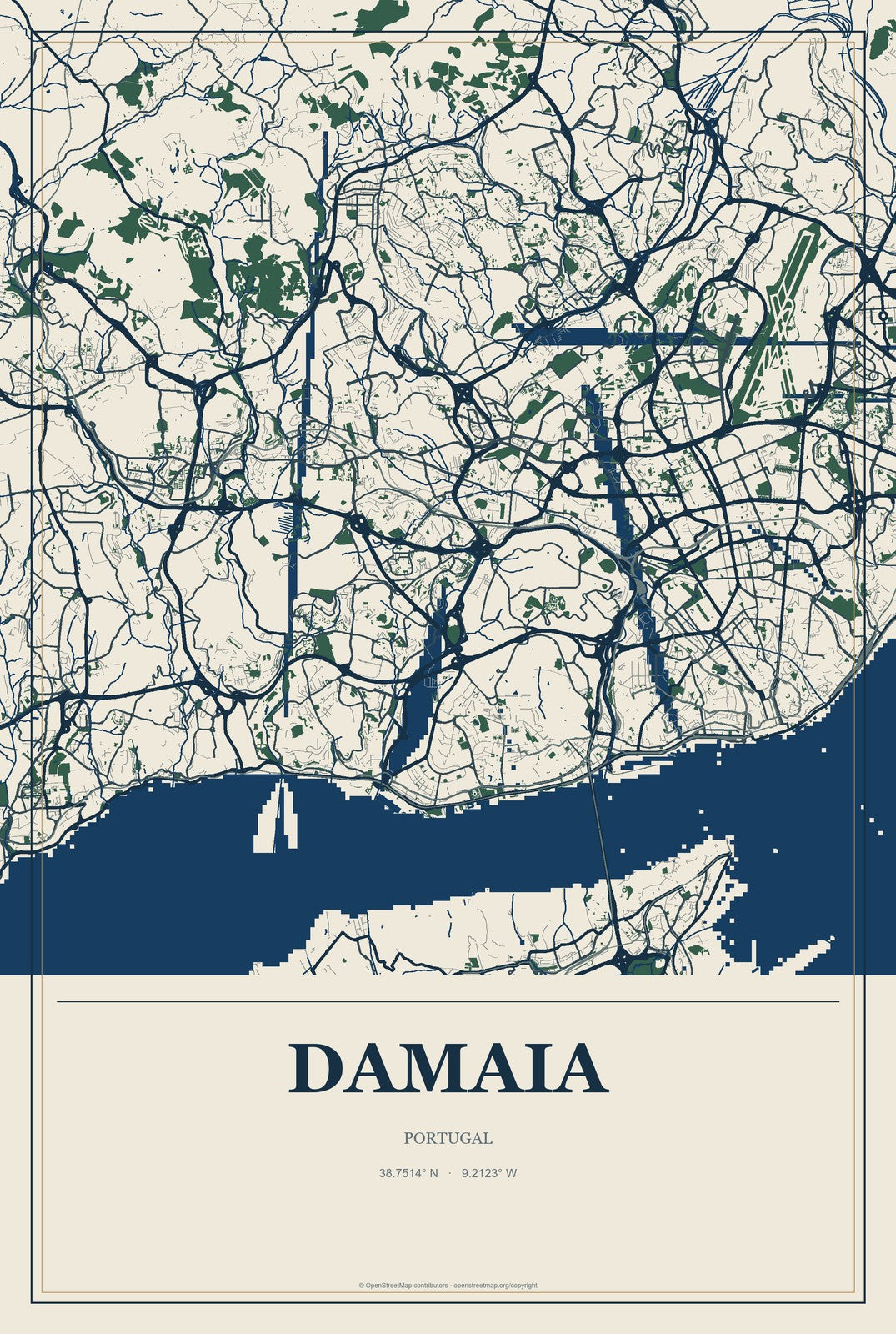 Damaia, Portugal City Map Aluminum Sign in Coastal Cutout style