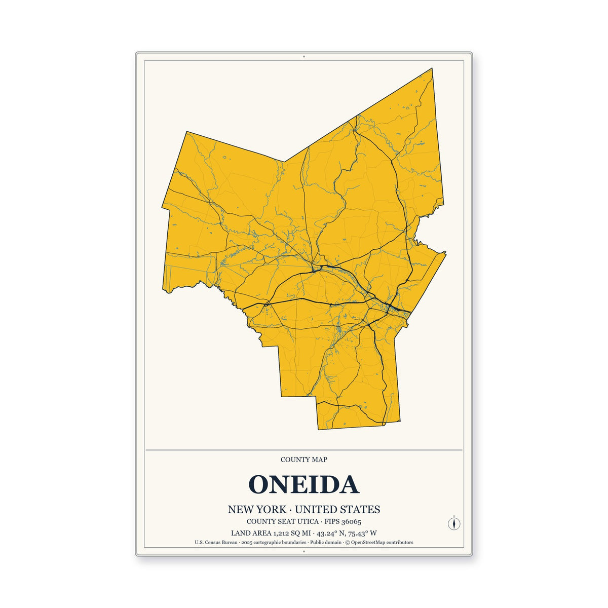 Oneida County, New York Map Aluminum Sign in Citrine Modern style
