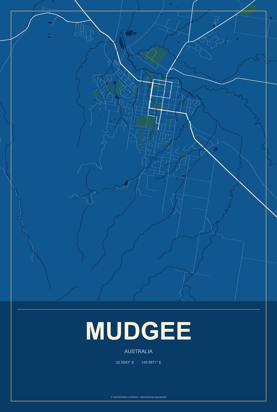 Mudgee, Australia City Map Aluminum Sign in Harbor Cobalt style