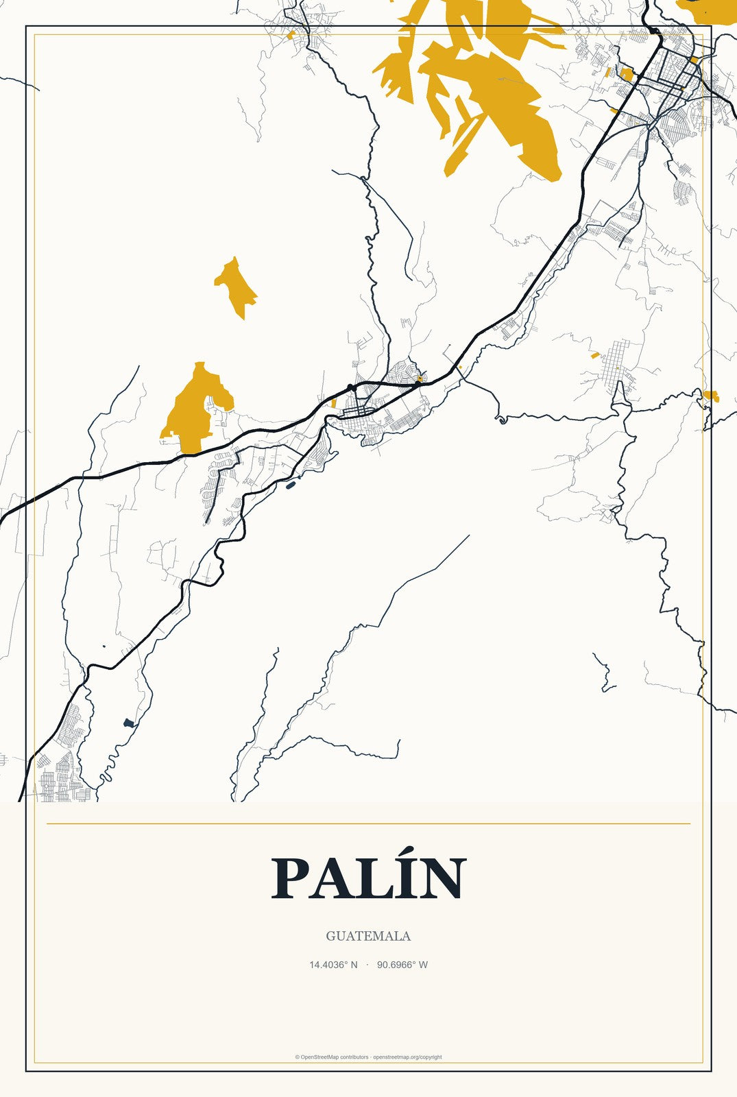Palín, Guatemala City Map Aluminum Sign in Citrine Modern style