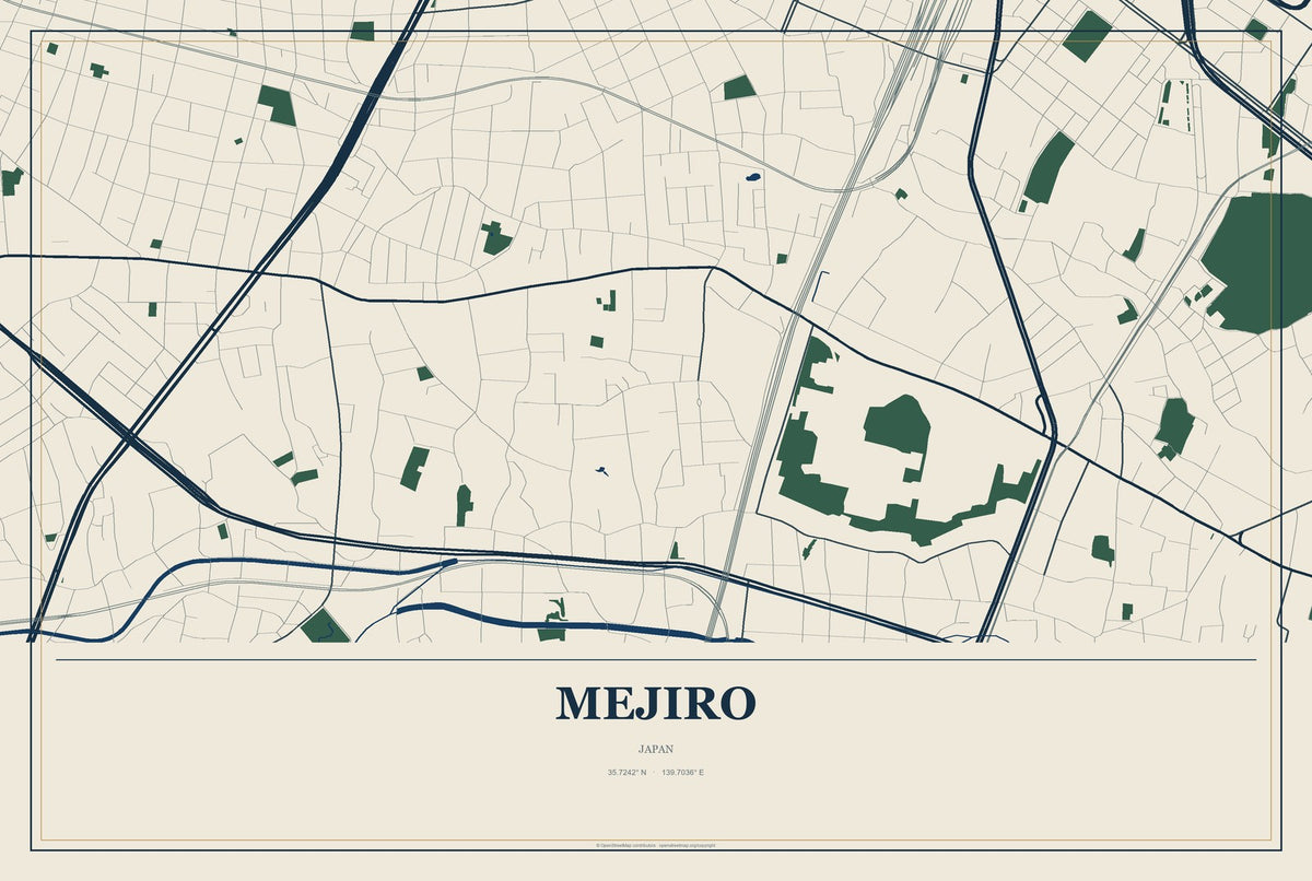 Mejiro, Japan City Map Aluminum Sign in Coastal Cutout style
