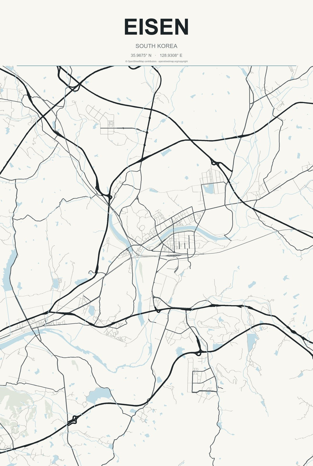 Eisen, South Korea City Map Aluminum Sign in Headline Atlas style