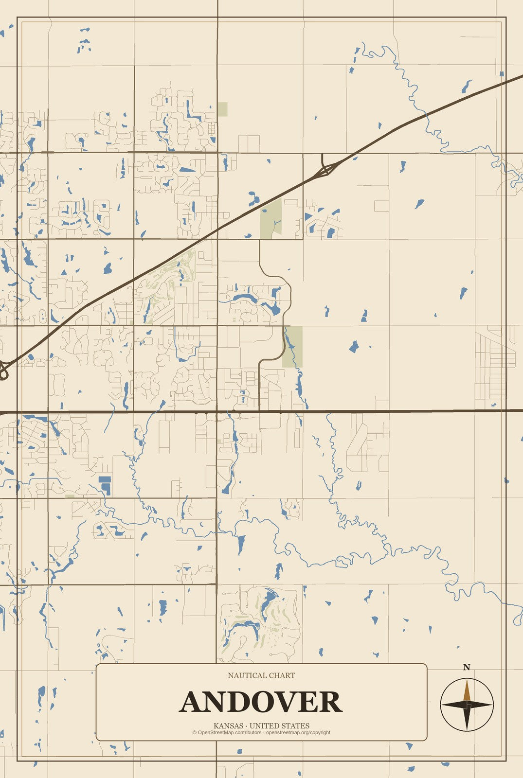 Andover, Kansas City Map Aluminum Sign in Heritage Nautical style